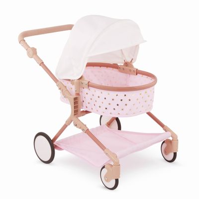 LullaBaby BABI by Battat  Baby Doll Double Stroller Mini Gold Stars  Foldable Canopy, Swivel Wheels, Storage Basket  Pink Carriage Fits Twin 14-inch Dolls  Childrens Toys for Kids Ages 3+
