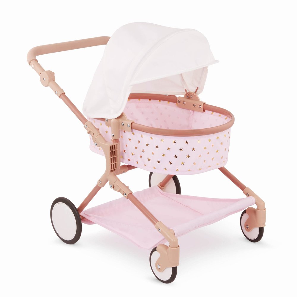 LullaBaby BABI by Battat  Baby Doll Double Stroller Mini Gold Stars  Foldable Canopy, Swivel Wheels, Storage Basket  Pink Carriage Fits Twin 14-inch Dolls  Childrens Toys for Kids Ages 3+