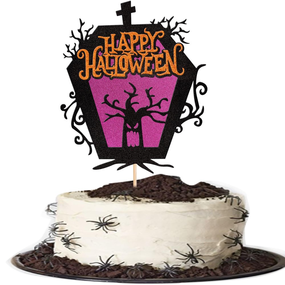 1 PCS Happy Halloween Cake Topper - Assembled Glitter Ghost Tree Tombstone Cake Pick for Theme Birthday Party Decorations Supplies
