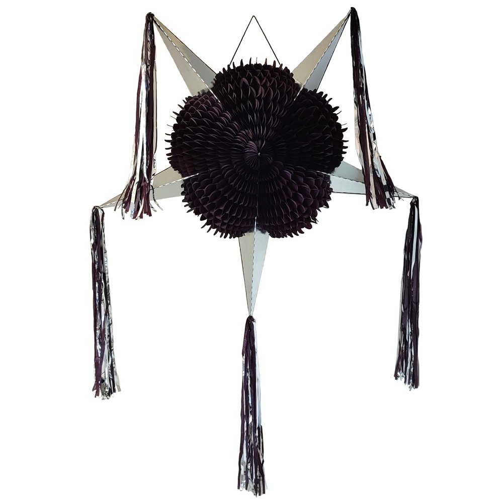 Large 5-Point Star Black Pinata, Elegant Black and Silver Halloween Gothic or Goth Graduation, Wednesday Pinata, Handmade Foldable Mexican Piata supports 6 lb of candies