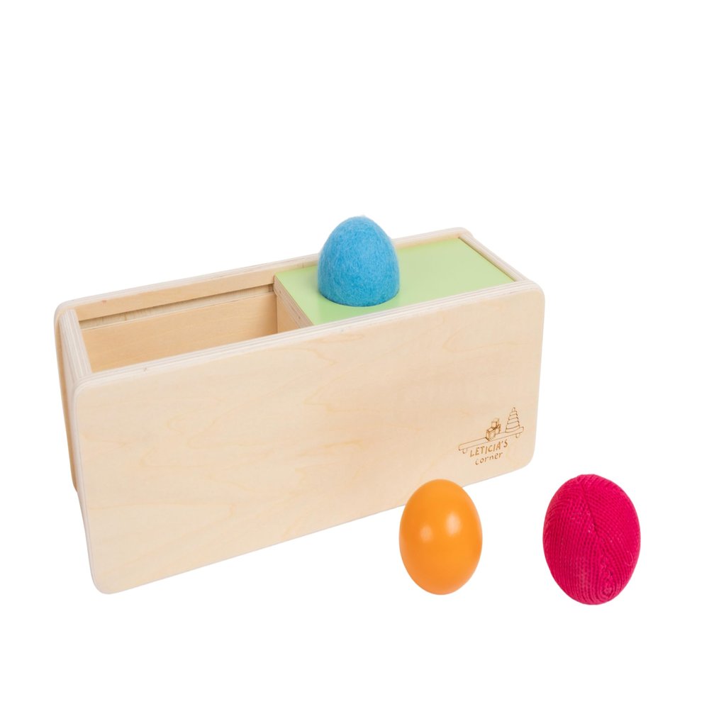 Leticia's Corner Montessori-Inspired Wooden Object Permanence Box, Sliding Top Box with Felt, Wooden and Knitted Balls, Imbucare Box, Ball Drop, Montessori Toy for Babies 6 Months and Older