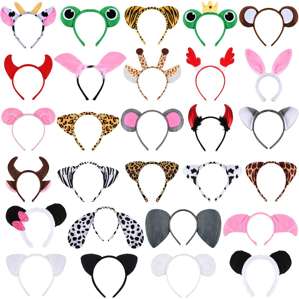 28 Pieces Safari Animal Headbands with Ears, Horns, and Hoops - Jungle Theme Birthday Photo Props for Kids and Adults