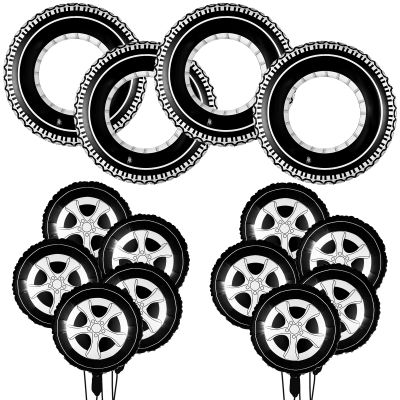 14 Pcs Car Decorations Racing Cars Birthday Party Supplies 4 Tire Tube Swim Ring Inflatable Tire Floats for Pool with 10 Balloons 18 Inch Race Balloons for Birthday Party (Wheel Style)