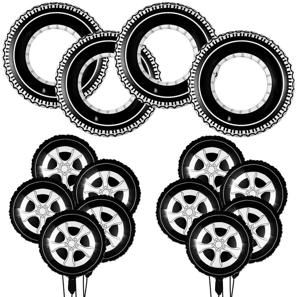 14 Pcs Car Decorations Racing Cars Birthday Party Supplies 4 Tire Tube Swim Ring Inflatable Tire Floats for Pool with 10 Balloons 18 Inch Race Balloons for Birthday Party (Wheel Style)