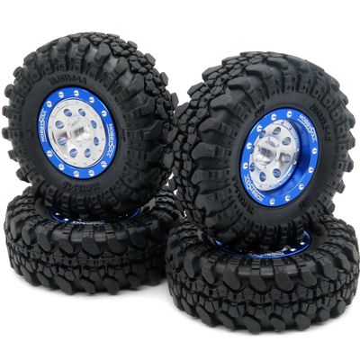 HOBBYSOUL Adjustable Offset RC 1.0 Wheels and Tires, 1/24 Tires & Heavy 1.0 Beadlock Wheels Blue Silver for 1:24 RC Crawler Axial SCX24 90081 AXI00001 & Other 1/24 Crawler Truck,(4-Pack, Assembled)
