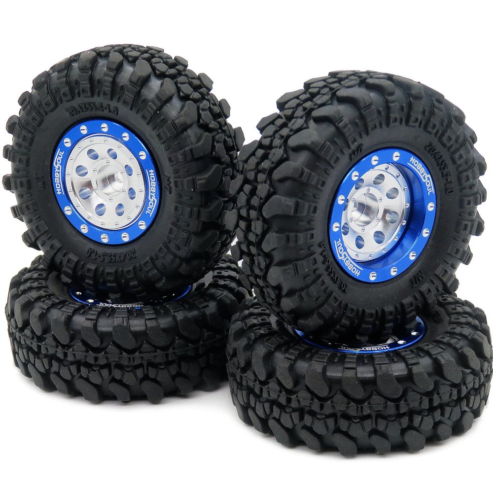 HOBBYSOUL Adjustable Offset RC 1.0 Wheels and Tires, 1/24 Tires & Heavy 1.0 Beadlock Wheels Blue Silver for 1:24 RC Crawler Axial SCX24 90081 AXI00001 & Other 1/24 Crawler Truck,(4-Pack, Assembled)