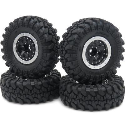HOBBYSOUL Adjustable Offset 1.0 rc Wheels Rims Silver Black & 1/24 Tires, Heavy 1.0 Beadlock Wheels and Tires for 1:24 RC Crawler Axial SCX24 Upgrade,(4-Pack, Assembled)