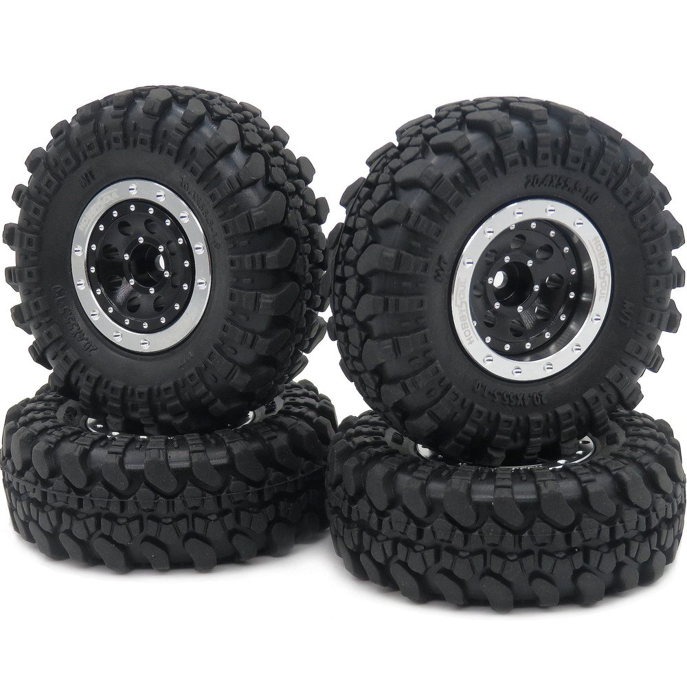 HOBBYSOUL Adjustable Offset 1.0 rc Wheels Rims Silver Black & 1/24 Tires, Heavy 1.0 Beadlock Wheels and Tires for 1:24 RC Crawler Axial SCX24 Upgrade,(4-Pack, Assembled)