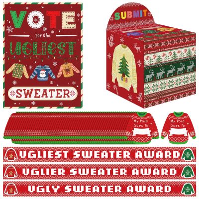 65 Pcs Ugly Sweater Party Voting Cards Sets with Ugly Sweater Contest Ballot Box, 60 Voting Cards and 3 Sweater Award Sashes for Winter Xmas Party Game Decorations Office Holiday Party Supplies