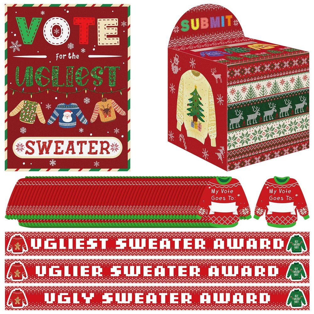 65 Pcs Ugly Sweater Party Voting Cards Sets with Ugly Sweater Contest Ballot Box, 60 Voting Cards and 3 Sweater Award Sashes for Winter Xmas Party Game Decorations Office Holiday Party Supplies