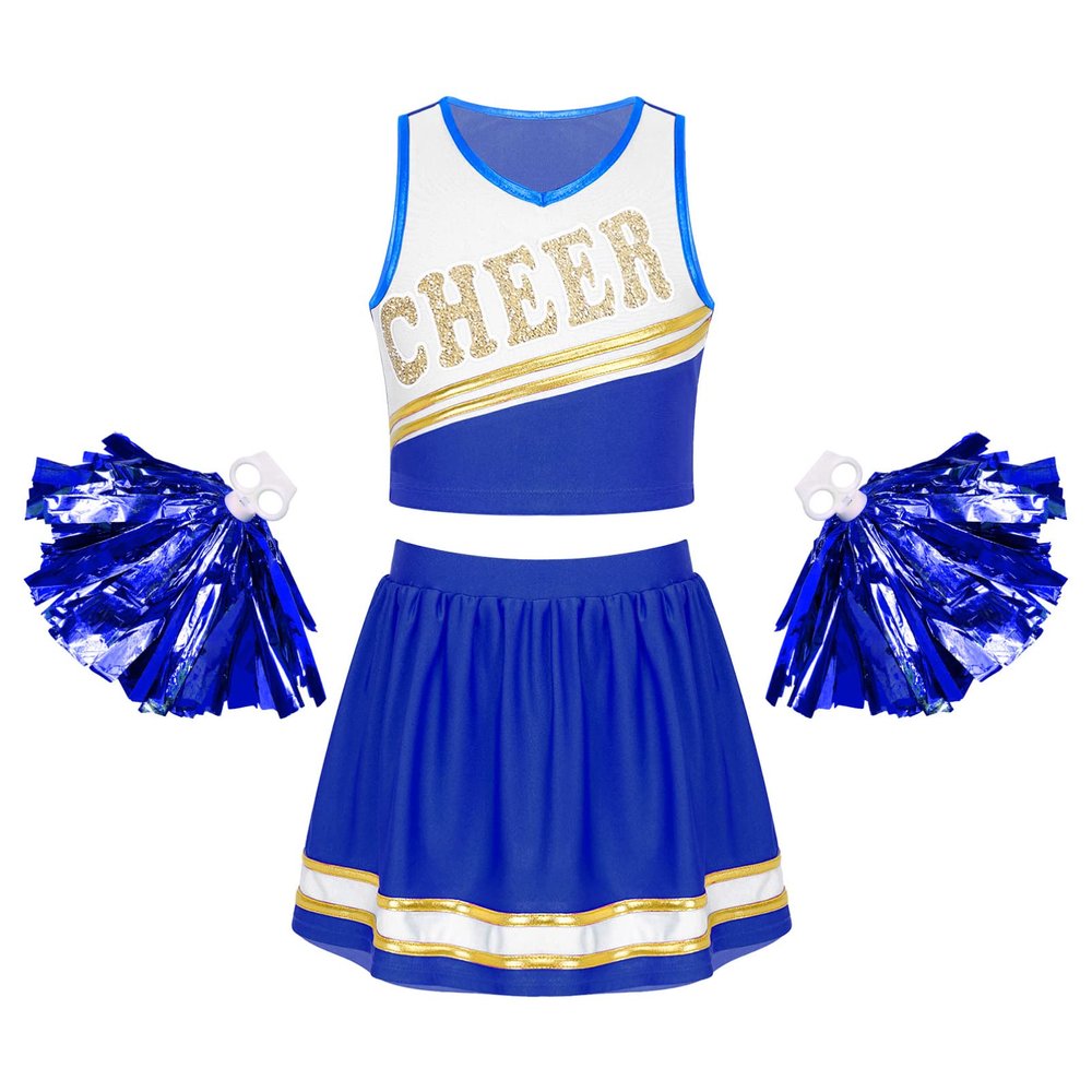 Aislor Girls Cheer Leader Costume Cheerleading Uniform Outfit with 2 Pom Poms Halloween Cosplay Carnival Fancy Dress Up Blue 16 Years