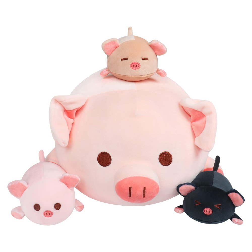 Achwishap Pig Stuffed Animal Mommy 19.6 with 3 Pig Babies Plush,4 PCS Cute Pig Plushie Pillow,Kawaii Plush Toys Soft Hugging Pillow for Kids Girls Boys Birthday Gifts for Valentines(Pink Pig Family)