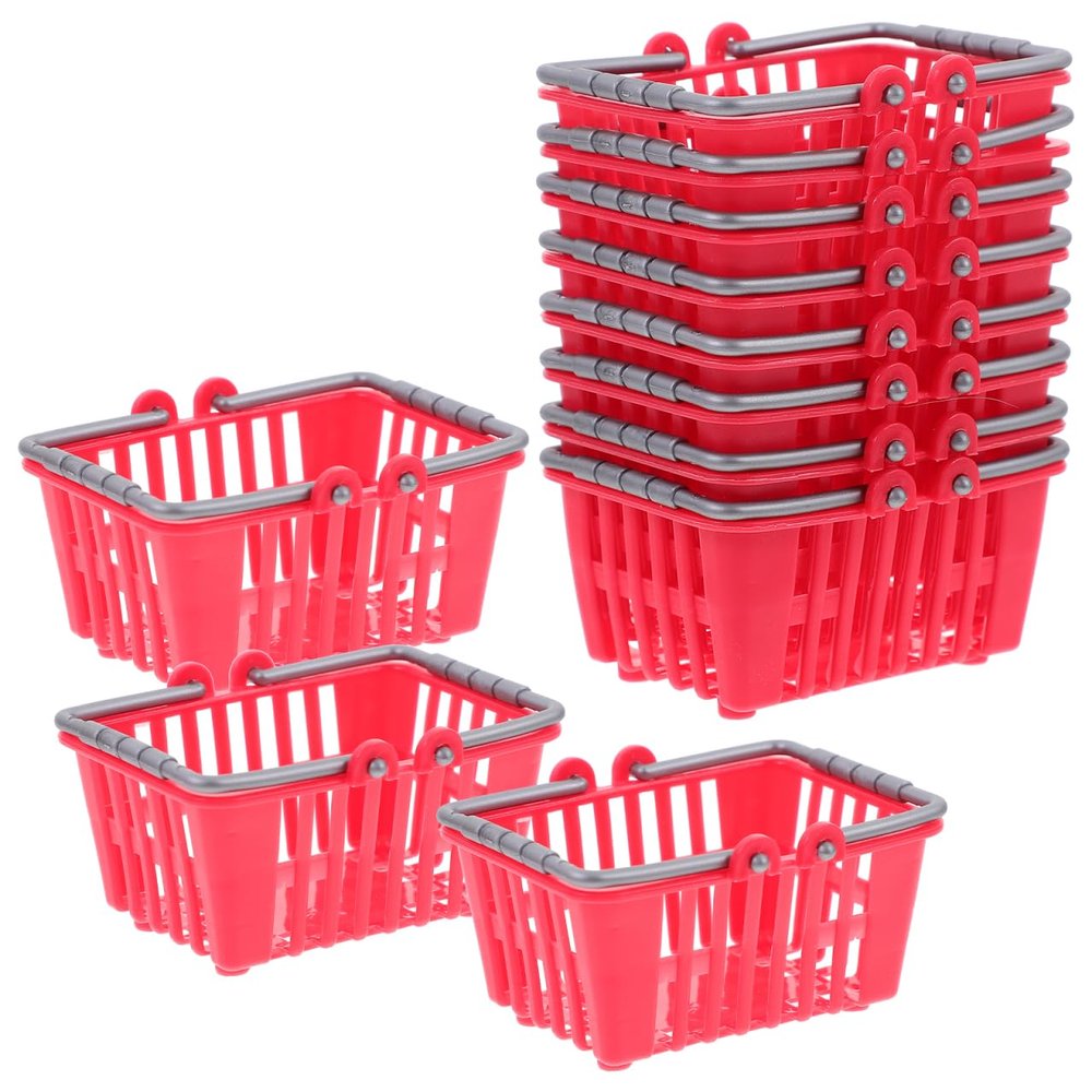 Kisangel 20Pcs Mini Plastic Shopping Baskets, Dollhouse Kids Grocery Basket with Handles Picnic Cart for Kitchen Pretend Toys, Red
