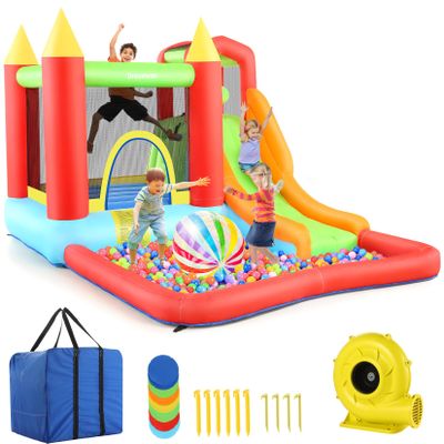 Bounce House for Kids, Inflatable Bouncer House with Air Blower, Bouncy Castle with Slide, Pool, Climbing Wall, Bouncing Area, Ball Pit, Basketball Hoop Jumping House for Party Ages 3-10