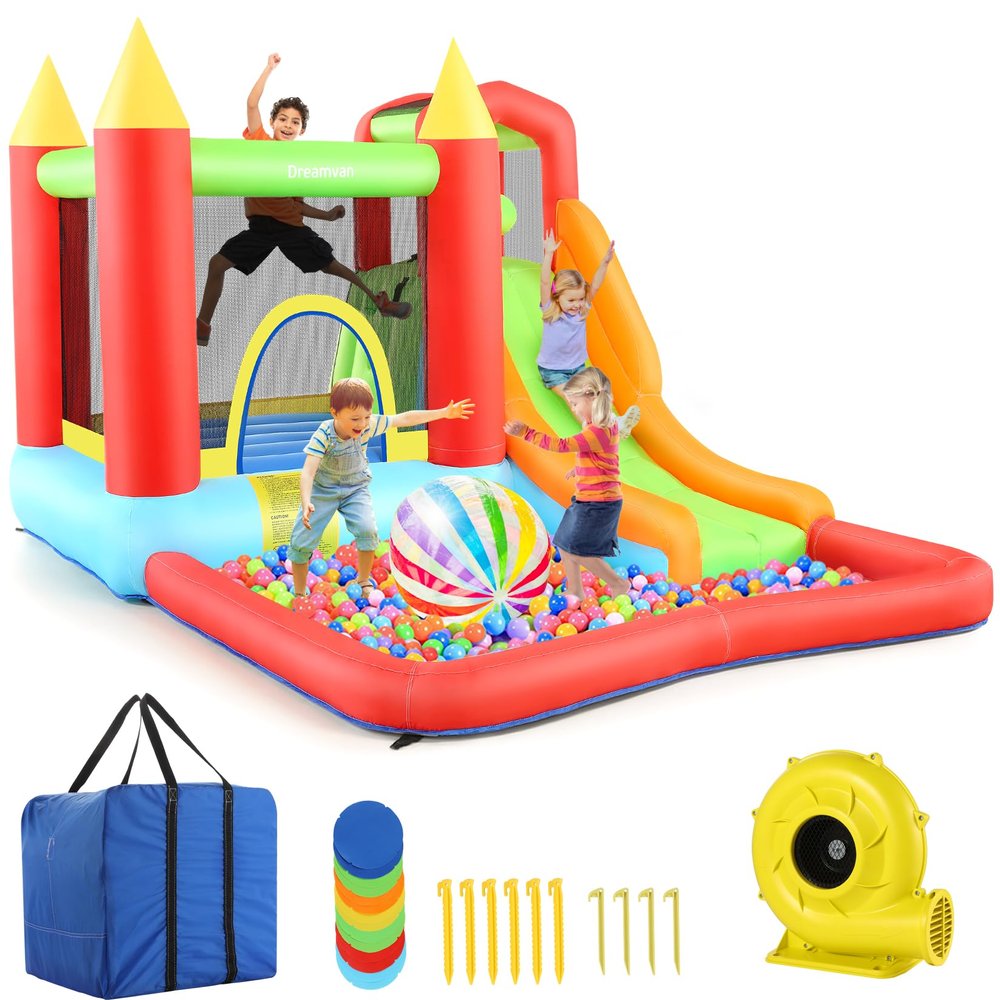 Bounce House for Kids, Inflatable Bouncer House with Air Blower, Bouncy Castle with Slide, Pool, Climbing Wall, Bouncing Area, Ball Pit, Basketball Hoop Jumping House for Party Ages 3-10