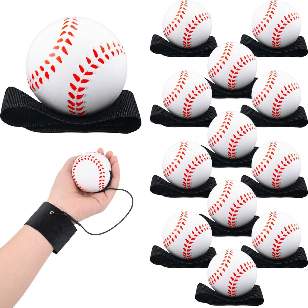 Deekin 2.36 Inch Wrist Return Ball Sports Wristband Rebound Ball on a String Rebound Bouncy for Wrist Exercise Fun Outdoor Activity for Team(12 Pcs,Baseball)