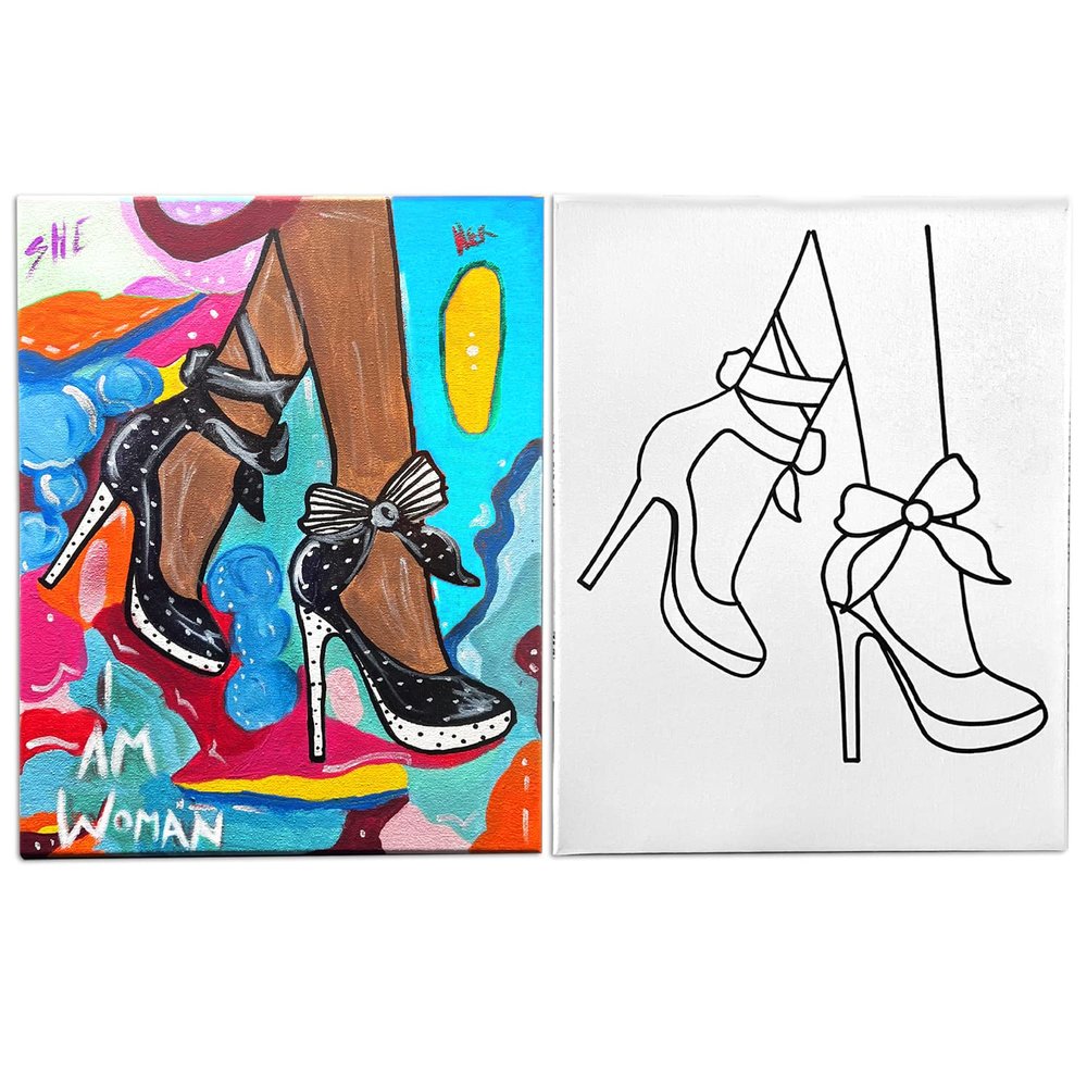 11x14 Canvas Painting | Heels 80s Retro Theme | Pre Drawn Stretched Canvas | Retro Artwork | Adult Sip and Paint Party Favor | Therapeutic Painting Shoes