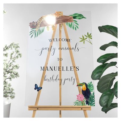 Personalized Party Animals Birthday Party Welcome Sign - Customized Safari Jungle Animals Birthday Theme Decor - Custom Wild Animals Birthday Event Signs (Acrylic)