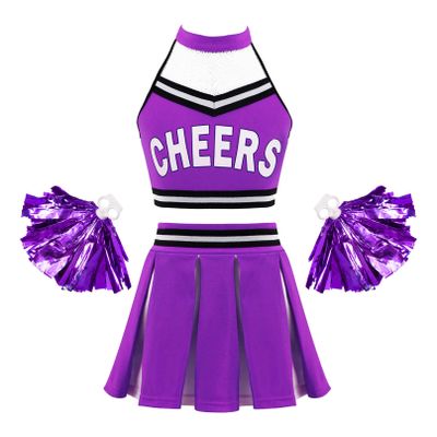 Agoky School Girls Cheer Leader Team Uniform Cheerleading Dance Costume Pleated Skirt Set with Pompoms Musical Party Outfit Purple 14 Years