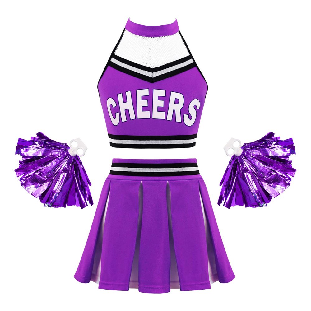 Agoky School Girls Cheer Leader Team Uniform Cheerleading Dance Costume Pleated Skirt Set with Pompoms Musical Party Outfit Purple 14 Years