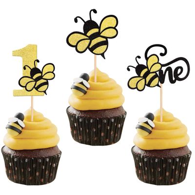 24 PCS Bumble Bee One Cupcake Toppers Black and Gold Glitter Number 1 Bee Cupcake Picks First Birthday Cake Decorations for Baby Shower Kids 1st Birthday Party Supplies