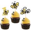 24 PCS Bumble Bee One Cupcake Toppers Black and Gold Glitter Number 1 Bee Cupcake Picks First Birthday Cake Decorations for Baby Shower Kids 1st Birthday Party Supplies view 1