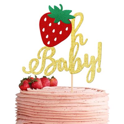 1 PCS Strawberry Oh Baby Cake Topper Glitter Baby Shower Strawberry Cake Pick Decorations for Fruit Theme Gender Reveal Baby Shower Kids Birthday Party Supplies Gold