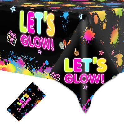 1 Pack Let's Glow Tablecloth- Neon Party Table Cover, Disposable Plastic Rectangle Glow in the Dark Tables Cloth for Neon Black Light Glow Party Tables Decorations and Parties Supplies, 51 x 86 Inch
