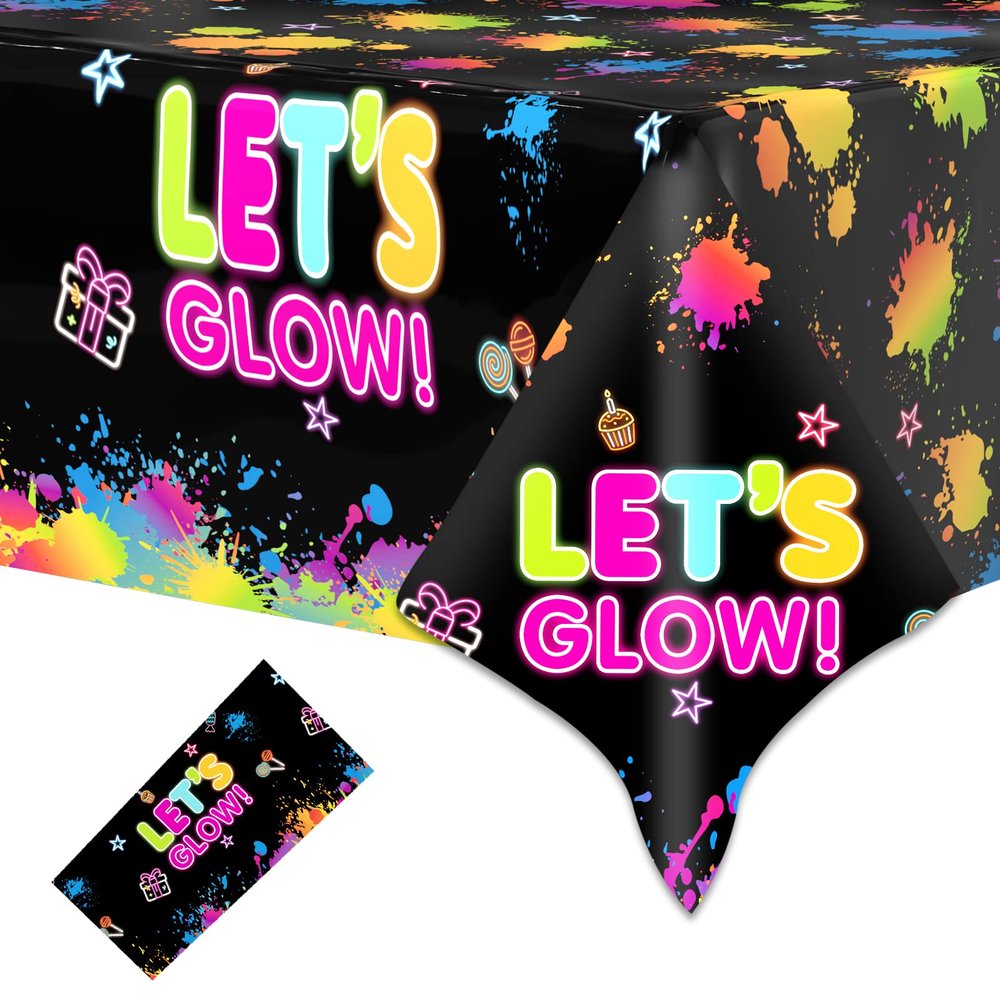1 Pack Let's Glow Tablecloth- Neon Party Table Cover, Disposable Plastic Rectangle Glow in the Dark Tables Cloth for Neon Black Light Glow Party Tables Decorations and Parties Supplies, 51 x 86 Inch