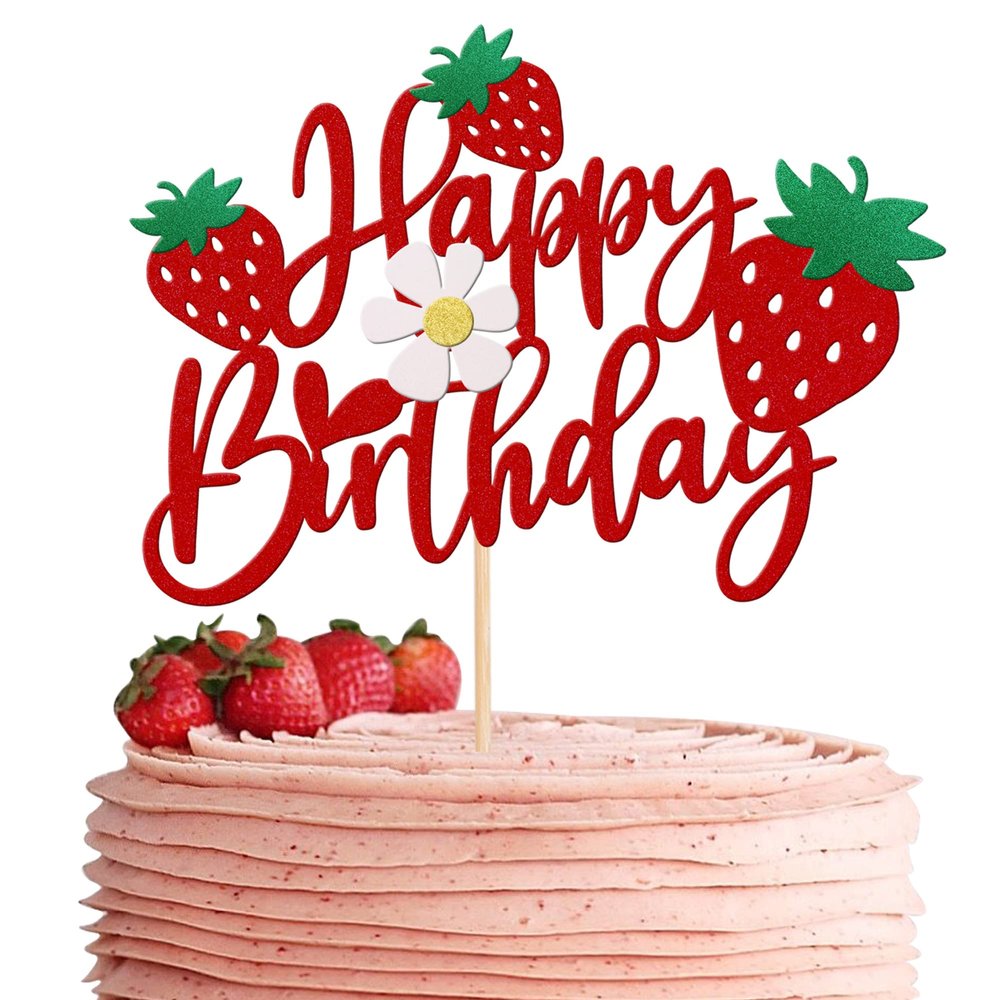 1 PCS Strawberry Happy Birthday Cake Topper with Glitter Flower Fruit Theme Birthday Berrry Cake Pick Decorations for Strawberry Theme Baby Shower Kids Birthday Party Cake Decorations Supplies