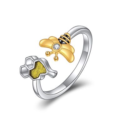 TIGER RIDER Open Adjustable Ring for Women 925 Sterling Silver Jewelry Gift for Women (Amber Bee)