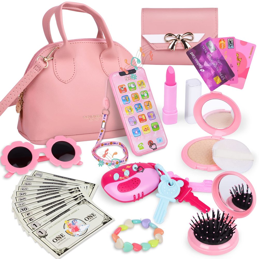 Learn2M Play Purse for Little Girls Ages 3-6, My First Purse Toy with Handbag, Makeup Set, Sunglasses, Smartphone, Wallet, Car Keys, Credit Cards and Fake Money