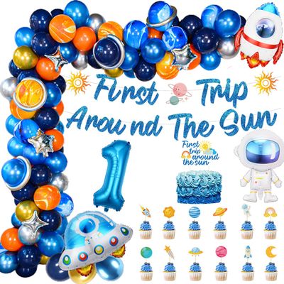 First Trip Around the Sun Birthday Decorations 1st Space Birthday Party Supplies with Cake&Cupcake Topper, Banner, Balloons Garland Arch Kit, Rocket, Astronaut,UFO Decor, 126 Pcs