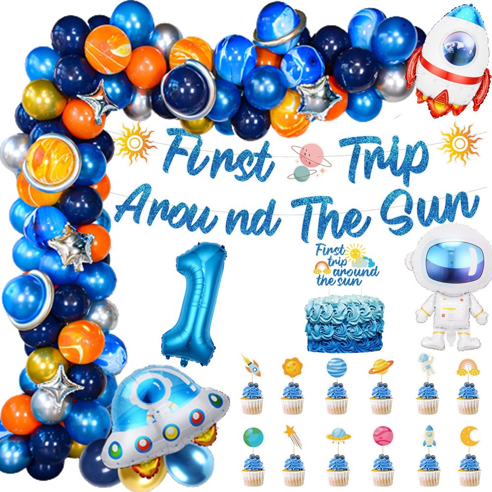 First Trip Around the Sun Birthday Decorations 1st Space Birthday Party Supplies with Cake&Cupcake Topper, Banner, Balloons Garland Arch Kit, Rocket, Astronaut,UFO Decor, 126 Pcs