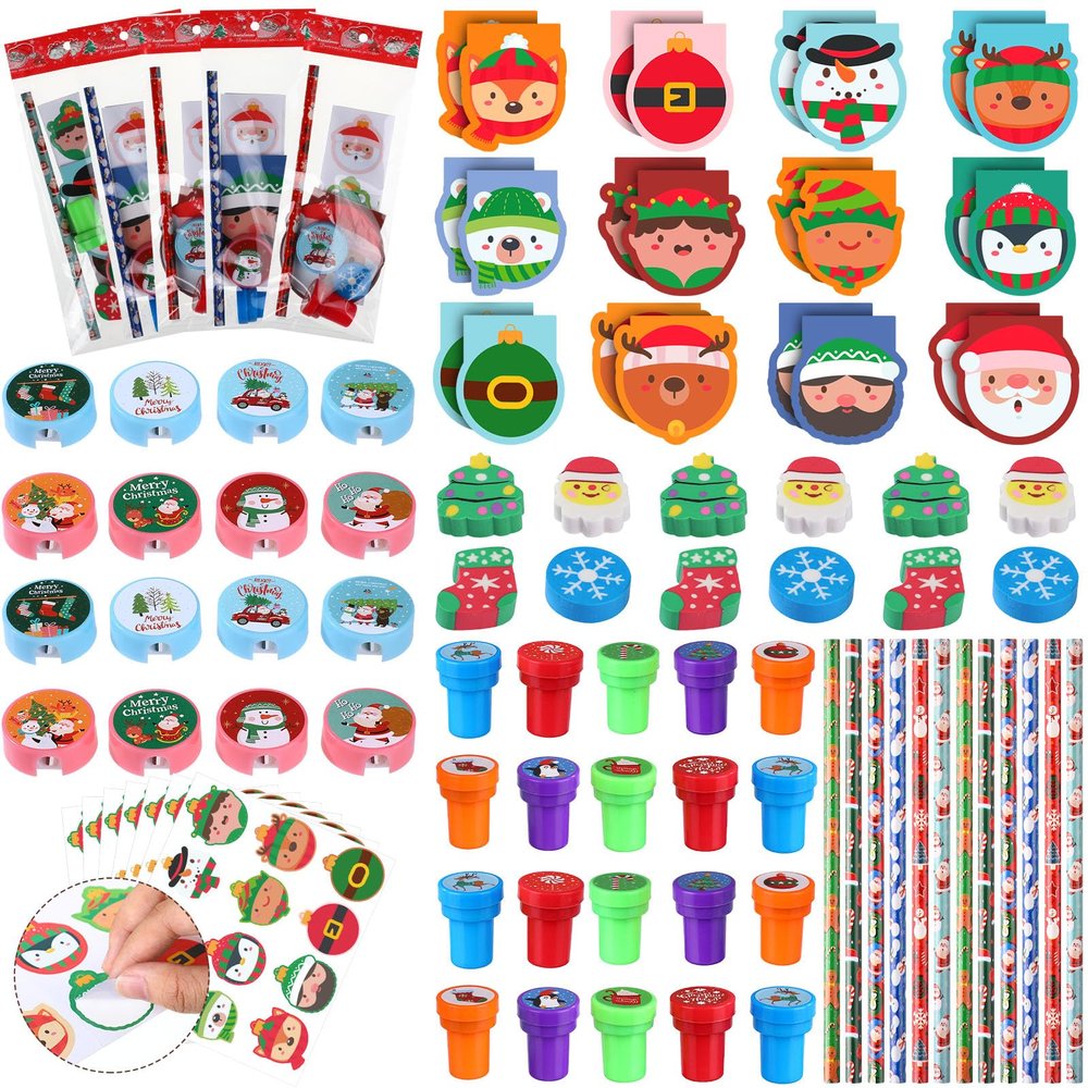 Funrous 192 PCS Christmas Party Favors Stationery Set Kids - Winter Holiday Classrooms Exchange Gifts Reward Prizes Bulk - Including Pencils, Notebooks, Eraser, Sticker(Classic)