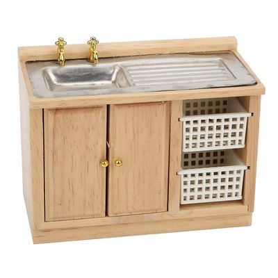 1:12 Miniature Kitchen Sink, Dollhouse Miniature Furniture Miniature Dish Washing Table Bathroom Kitchen Sink with Cabinet Basin Set Mini Furniture Solid Wood Miniature Model
