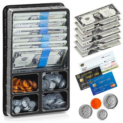 Play Money Set for Kids, Fake Pretend Cash Looks Real, Best Toy Currency for Fun and Learning Kit Includes: Bills, Coins, Credit Card, and Checkbook