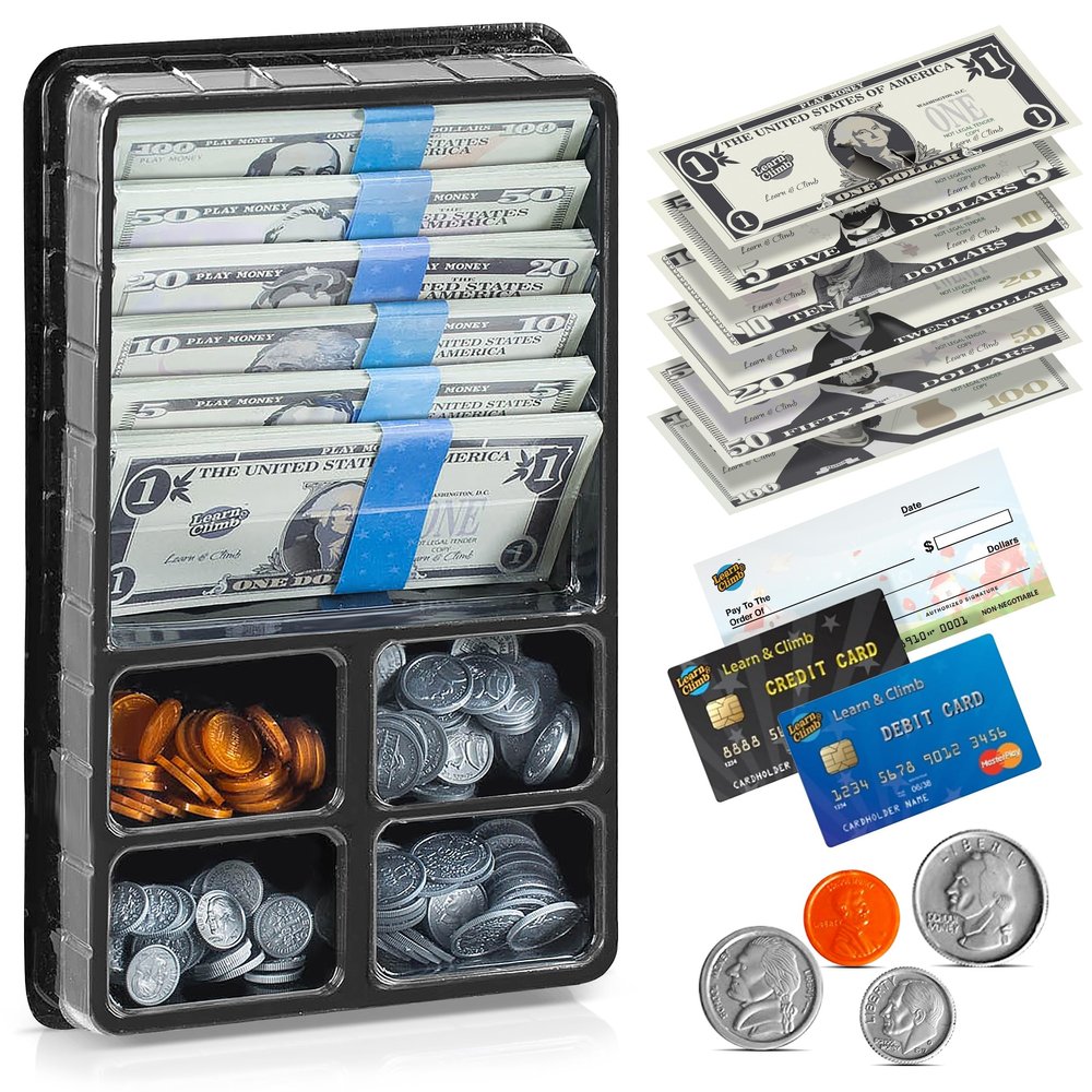 Play Money Set for Kids, Fake Pretend Cash Looks Real, Best Toy Currency for Fun and Learning Kit Includes: Bills, Coins, Credit Card, and Checkbook