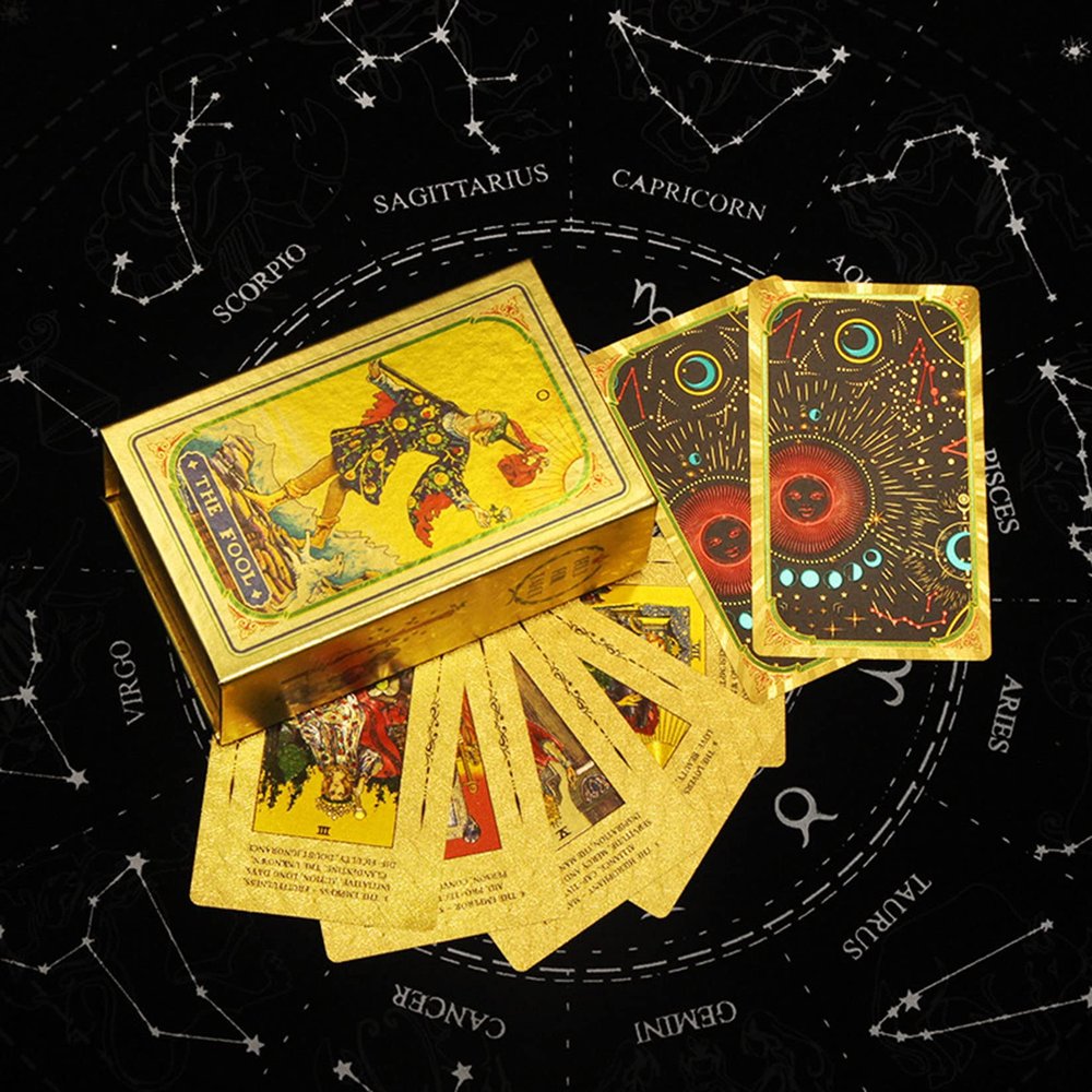 Jayiaine Tarot Cards Deck, Water Proof with Guidebook Divination Cards, 80 Fortune Telling Game Set for Family Reunion Beginners Expert Readers for Christmas Birthday, Gold