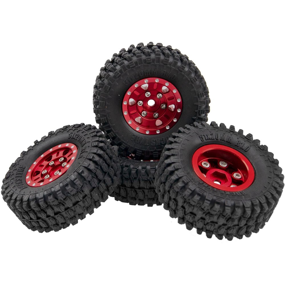4Pack HIRCQOO 1.0" SCX24 Beadlock Wheels 7mm Hex Wheel Rims & Rubber Crawler Tires Set Compatible with Axial SCX24 1/24 Deadbolt AXI00002 AXI90081 AXI00002V2 RC Crawler Car (Red)