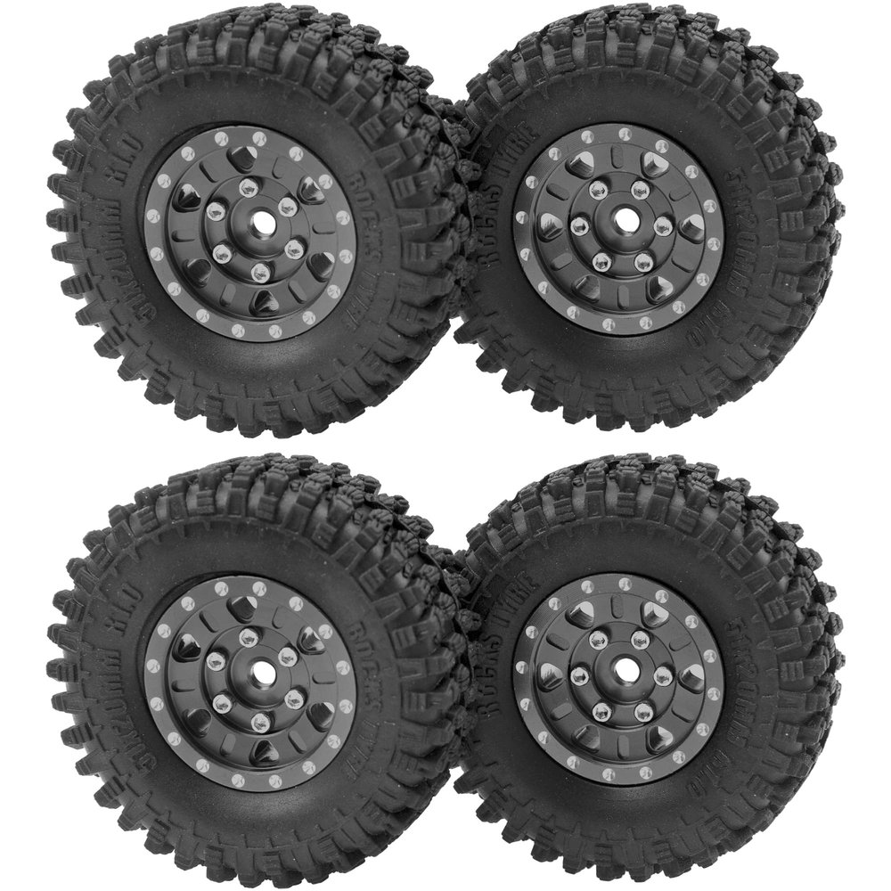 4Pack HIRCQOO 1.0" SCX24 Beadlock Wheels 7mm Hex Wheel Rims & Rubber Crawler Tires Set Compatible with Axial SCX24 1/24 Deadbolt AXI00002 AXI90081 AXI00002V2 RC Crawler Car (Black)