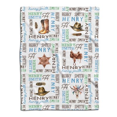 ENCYCOM Personlized Cowboy Western Monogram Baby Blanket with Name for Boy, Cowboy Nursery Theme, Crib Blanket, Swaddle Cowboy Horse Hat Cowboy Gift Newborn Cowboy Word Art