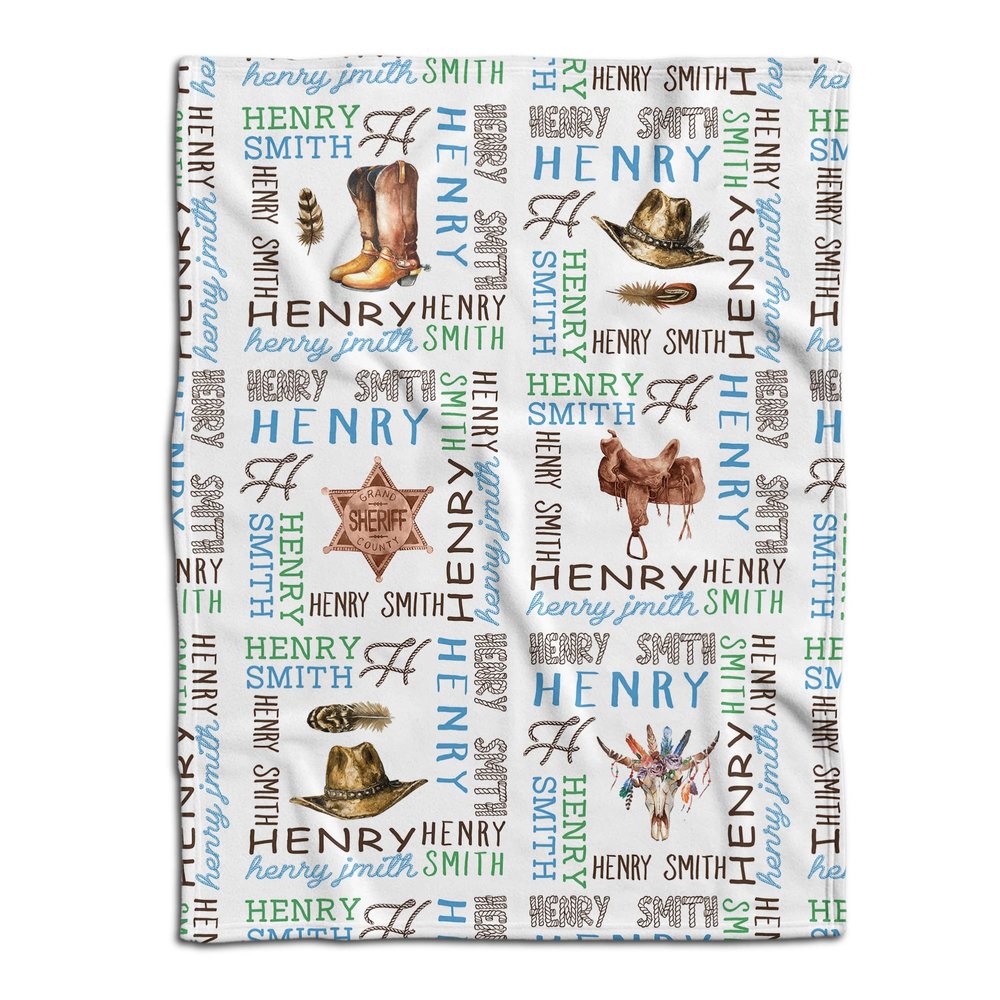 ENCYCOM Personlized Cowboy Western Monogram Baby Blanket with Name for Boy, Cowboy Nursery Theme, Crib Blanket, Swaddle Cowboy Horse Hat Cowboy Gift Newborn Cowboy Word Art