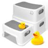 Forbena Toddler Step Stool for Bathroom Sink, 2 Step Stool for Kids Toilet Potty Training, Non-Slip Toddlers Baby Child Kid Plastic Poop Stools with Handle for Kitchen Counter Bed (White-Grey) view 1