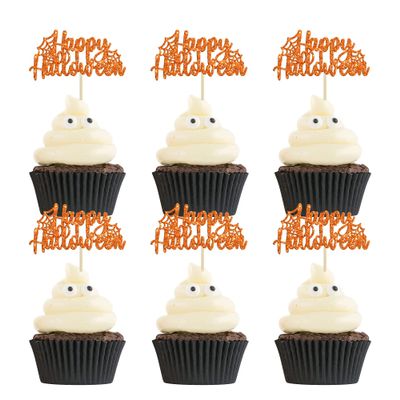 24pcs Happy Halloween Cupcake Toppers - Orange Spider Web Glitter Cupcake Picks for Halloween Theme Baby Shower Birthday Party Cake Decorations