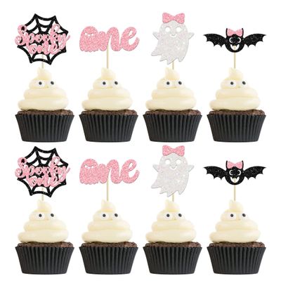 24Pcs Halloween Spooky One Cupcake Toppers Pink Bat Boo Girl First Birthday Cupcake Picks for Halloween Theme Girl Kids First Birthday Party Decorations Supplies