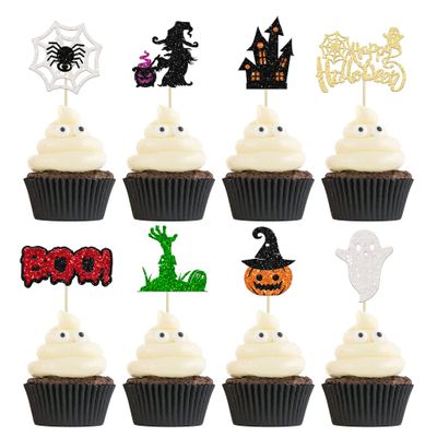 24Pcs Halloween Cupcake Toppers Glitter Bat Boo Switch Boo Ghost House Pumpkin Cupcake Pick Decorations for Halloween Theme Kids Babyshower Birthday Party Decorations Supplies
