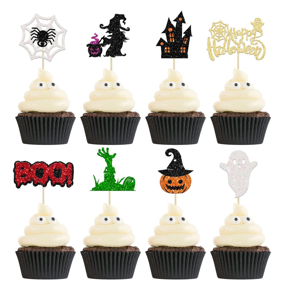 24Pcs Halloween Cupcake Toppers Glitter Bat Boo Switch Boo Ghost House Pumpkin Cupcake Pick Decorations for Halloween Theme Kids Babyshower Birthday Party Decorations Supplies