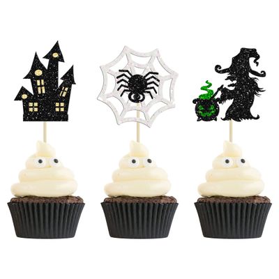 24Pcs Happy Halloween Cupcake Toppers - Glitter Witch House Spider Picks for Theme Boys Girl Kids First Birthday Party Decorations Supplies