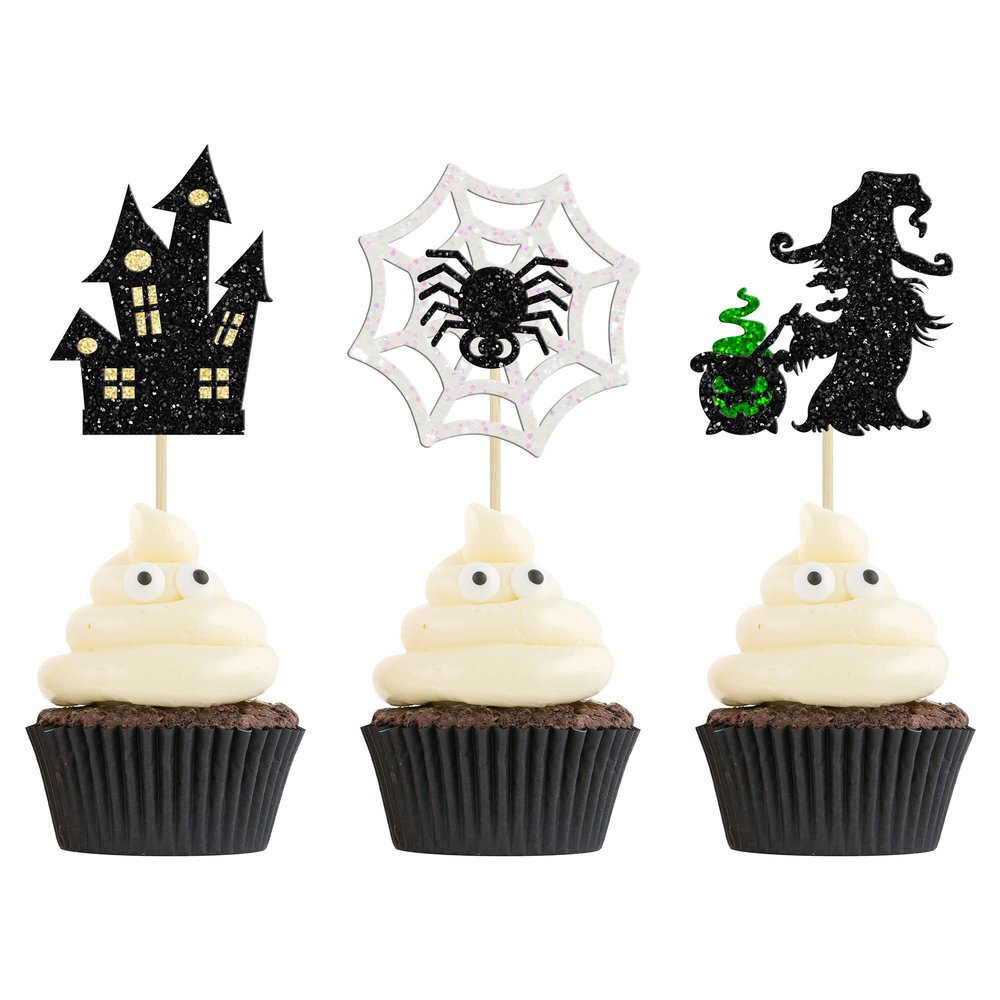 24Pcs Happy Halloween Cupcake Toppers - Glitter Witch House Spider Picks for Theme Boys Girl Kids First Birthday Party Decorations Supplies